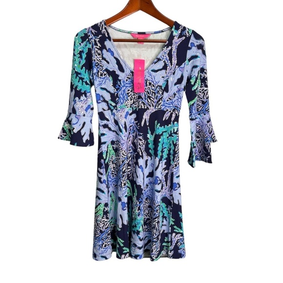 Lilly Pulitzer Raina Dress Deep Indigo Swish & Sway Tiered Sleeves XXS $168 - Picture 2 of 9